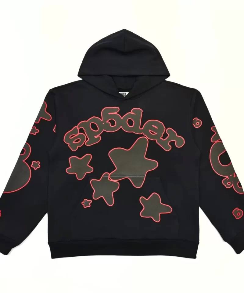 SP5DER Black Hoodie with Red Star Outline Streetwear
