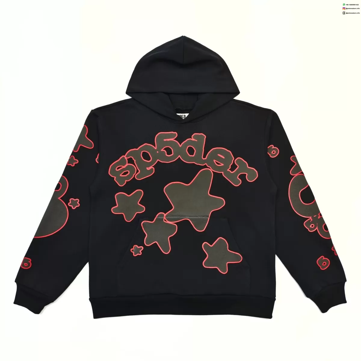 SP5DER Black Hoodie with Red Star Outline Streetwear