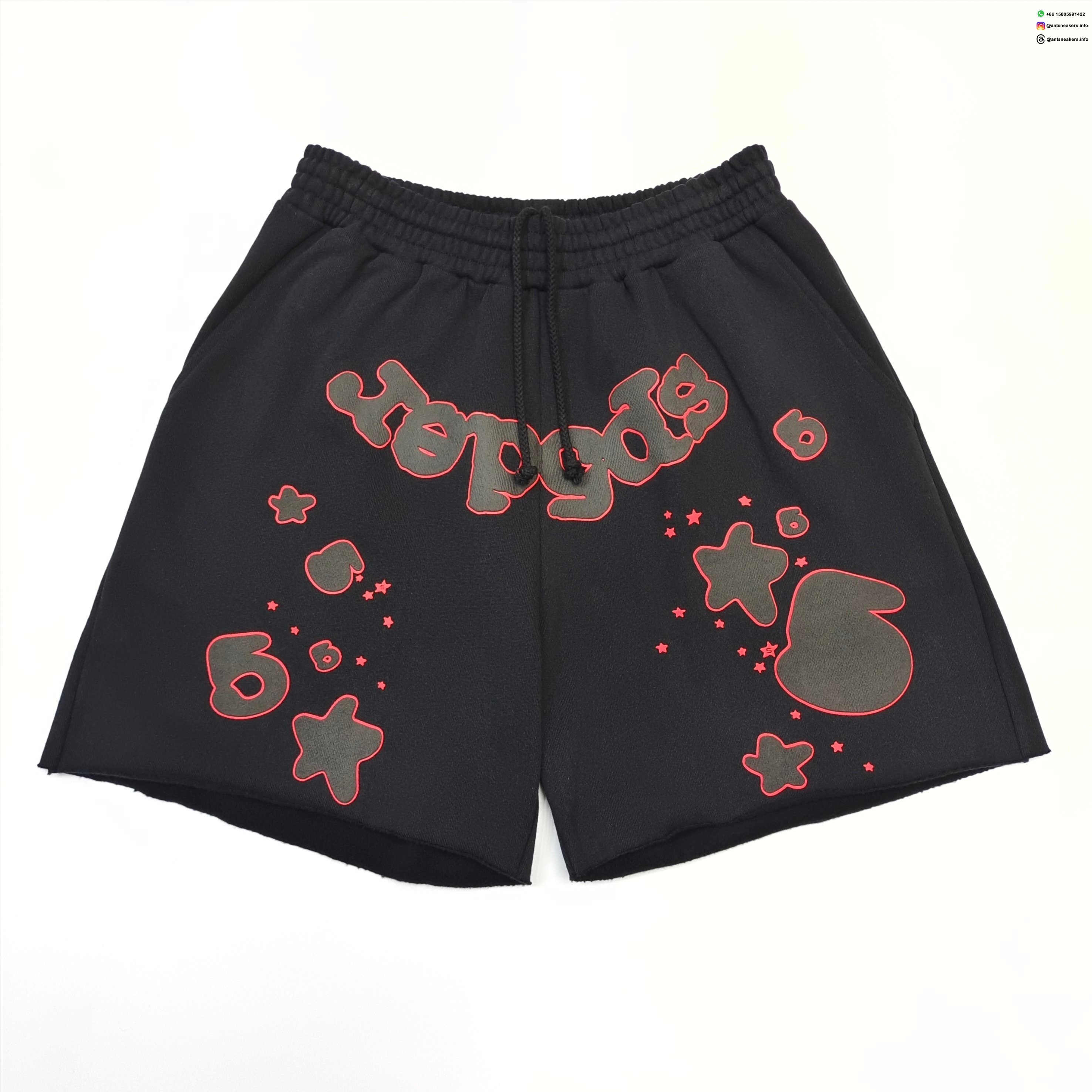 Sp5der Black Letter Red Star Shorts