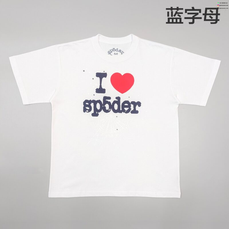 Sp5der Blue Letters Red Heart White Tee