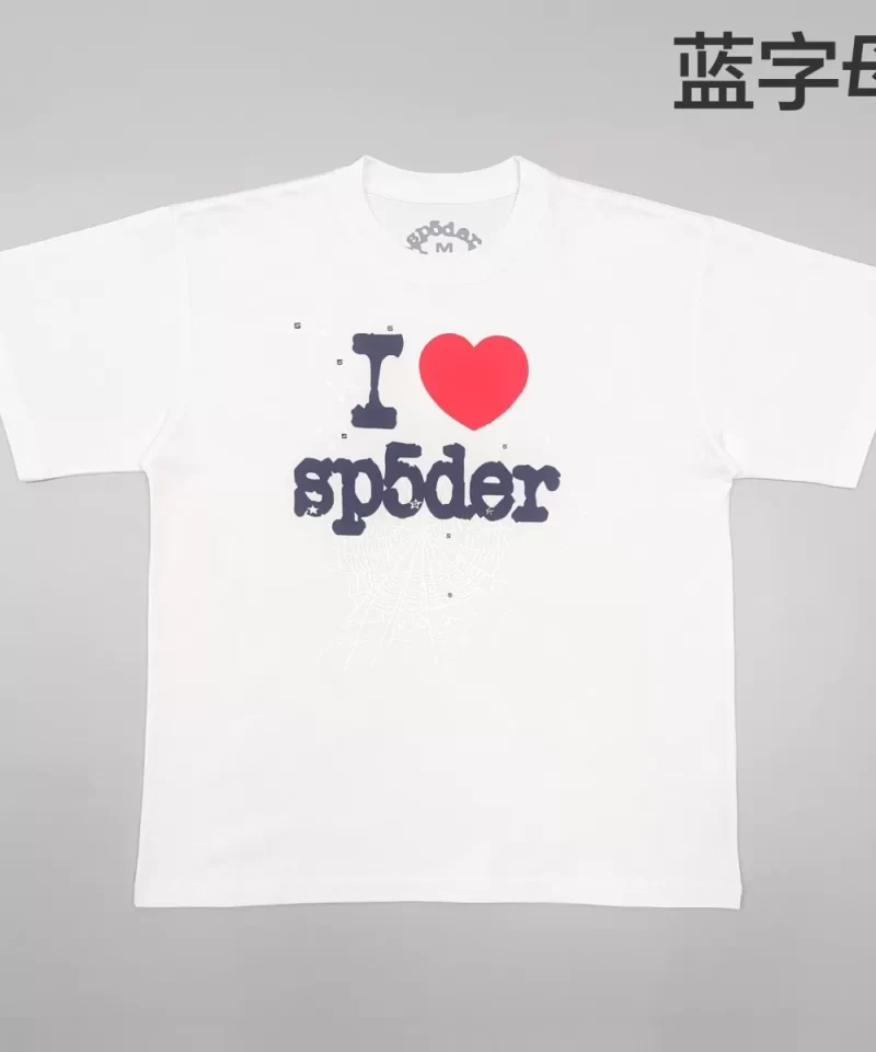 Sp5der Blue Letters Red Heart White Tee Streetwear
