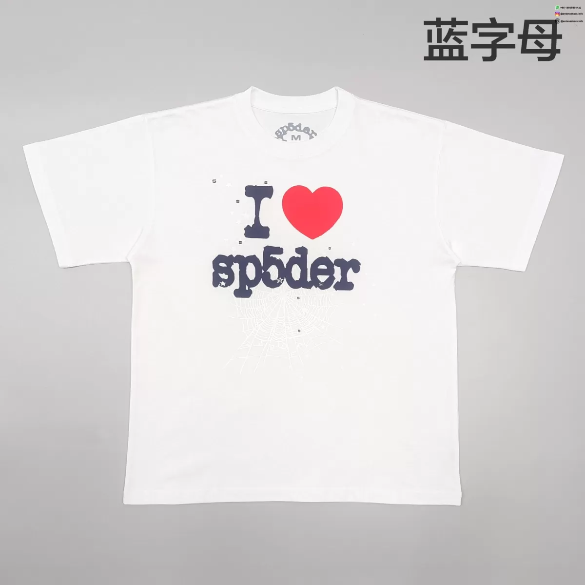 Sp5der Blue Letters Red Heart White Tee Streetwear