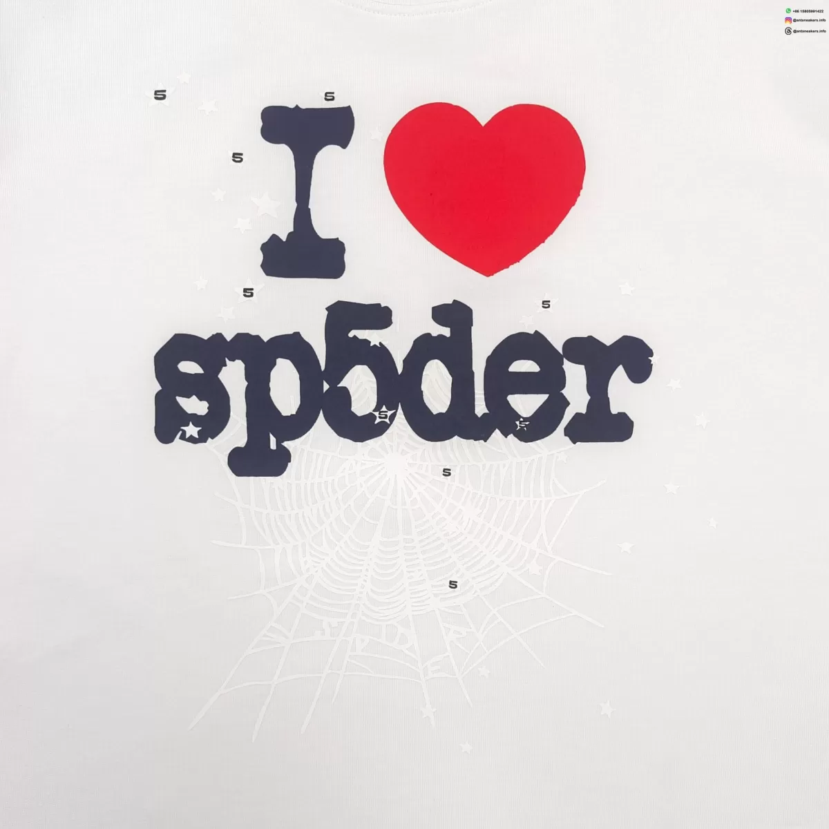 Sp5der Blue Letters Red Heart White Tee Streetwear