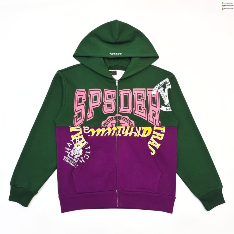 Sp5der Green and Purple Patchwork Zip Hoodie