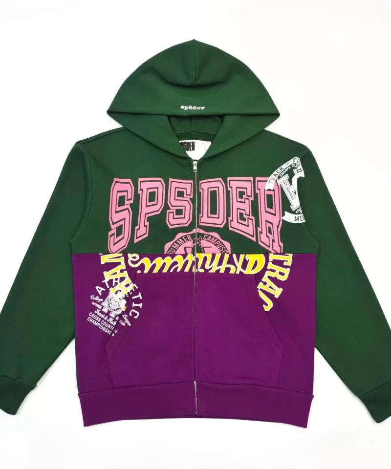 Sp5der Green and Purple Patchwork Zip Hoodie Streetwear
