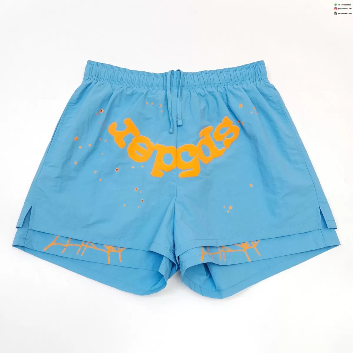 Sp5der Orange Letters Sky Blue Shorts Streetwear