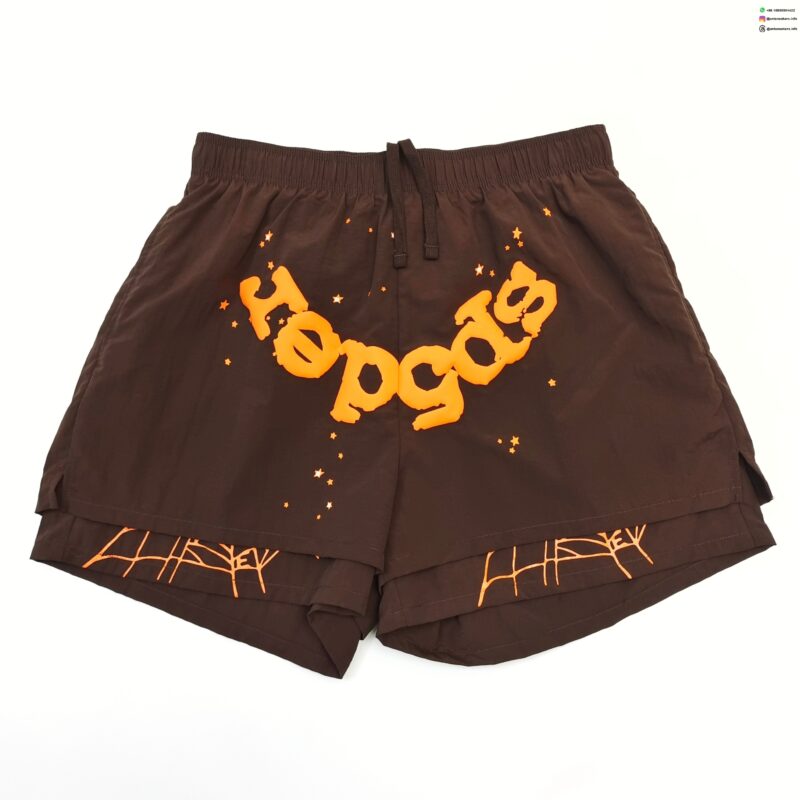 Sp5der Orange Logo Brown Shorts
