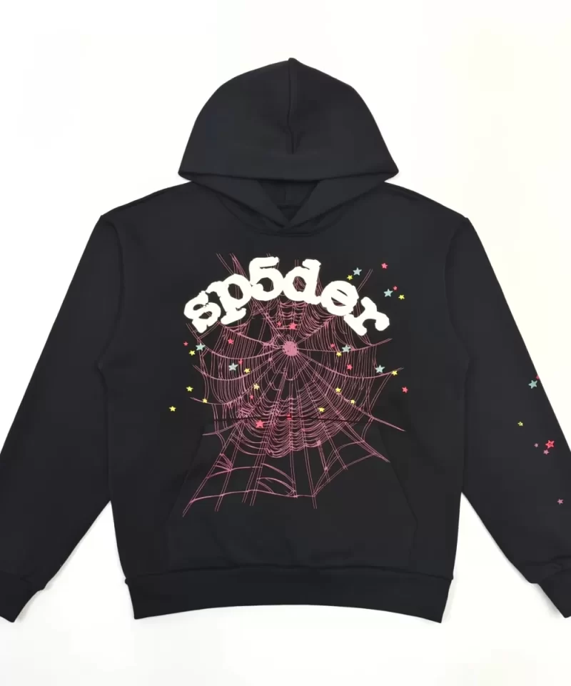 Sp5der White Letter Red Web Black Hoodie Streetwear