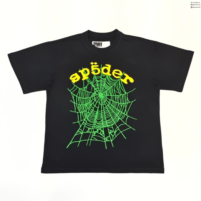 Sp5der Yellow Letter Green Web Black Tee