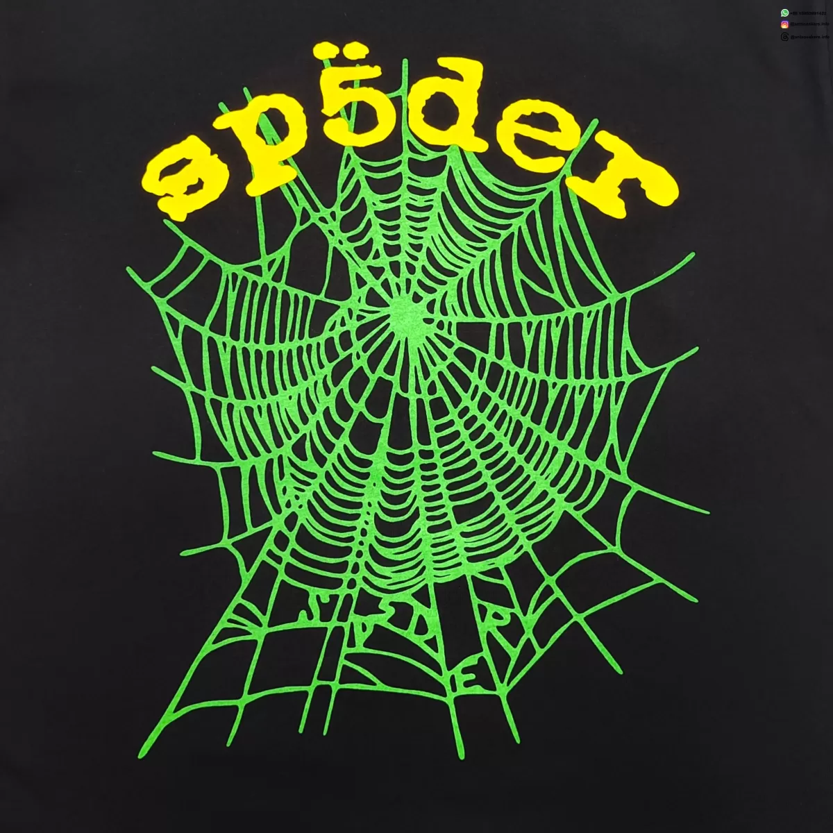 Sp5der Yellow Letter Green Web Black Tee Streetwear