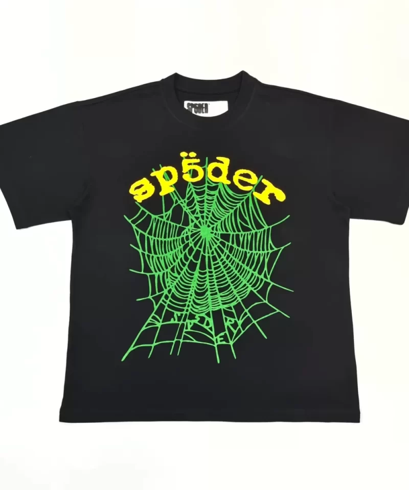 Sp5der Yellow Letter Green Web Black Tee Streetwear