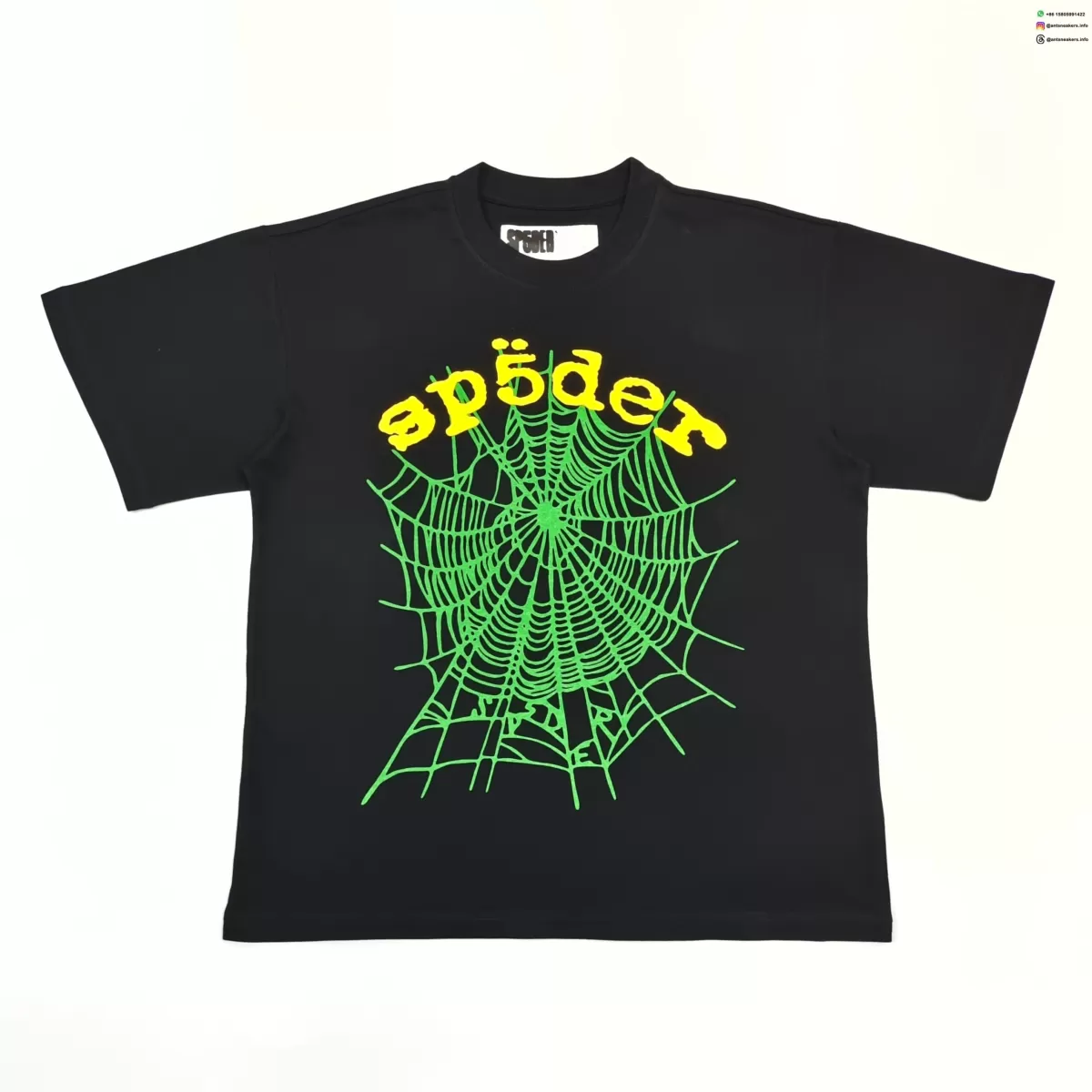Sp5der Yellow Letter Green Web Black Tee Streetwear