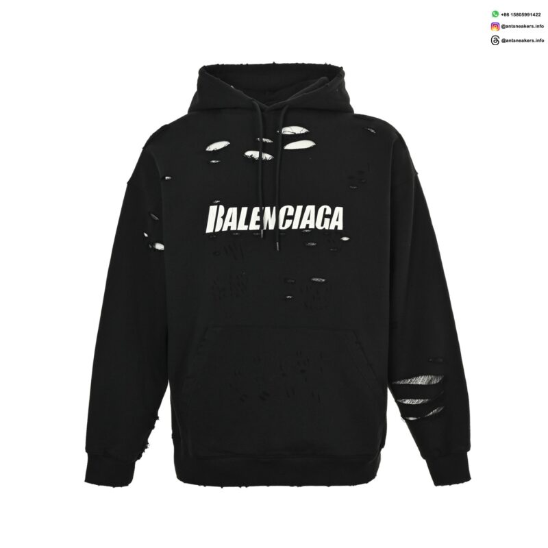 Balenciaga 25FW Distressed Double-Layer Logo Hoodie | Ripped Streetwear Pullover