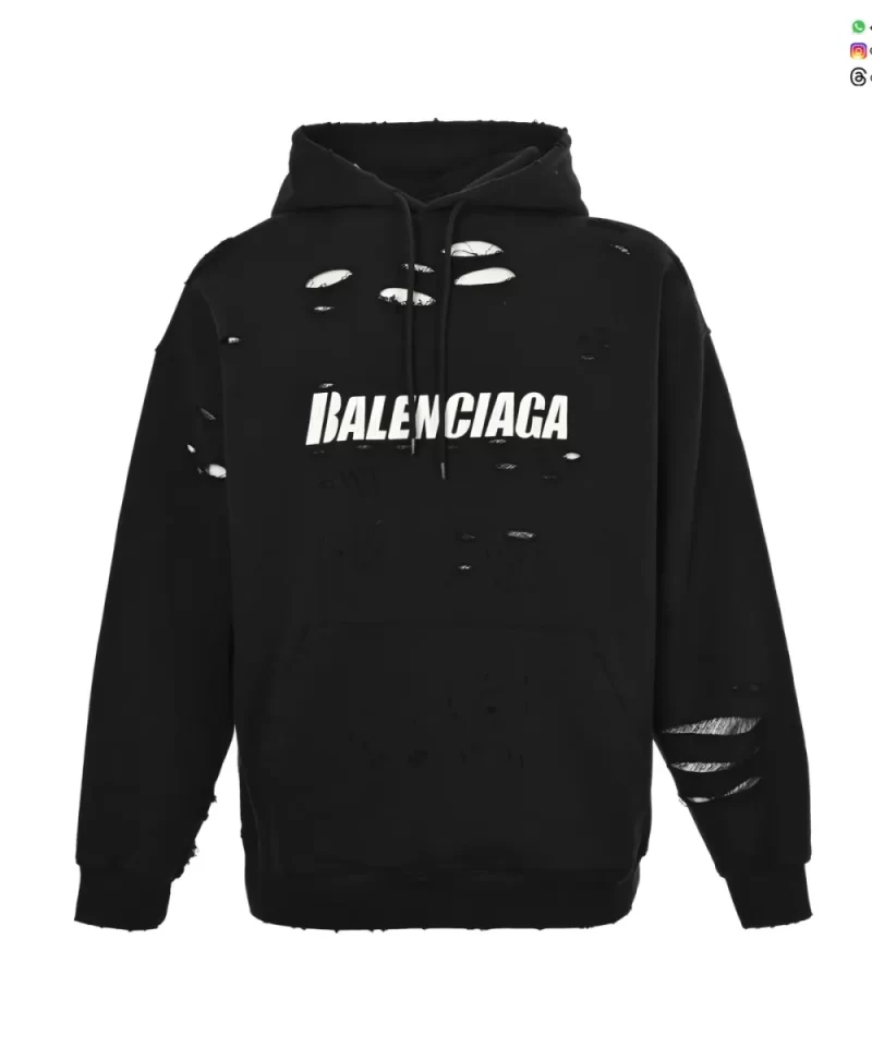 Balenciaga 25FW Distressed Double-Layer Logo Hoodie | Ripped Streetwear Pullover