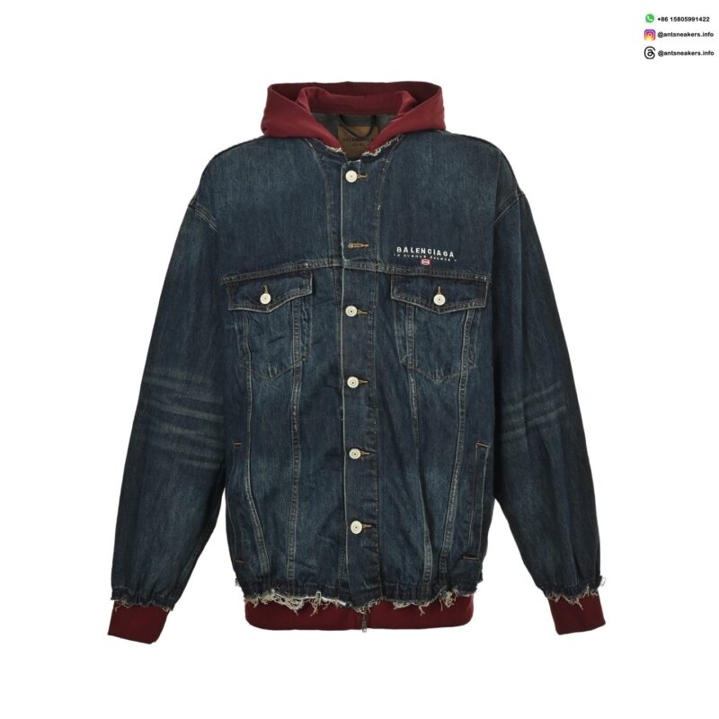 Balenciaga 25FW Embroidered Logo Layered Denim Jacket with Hood | Luxury Streetwear