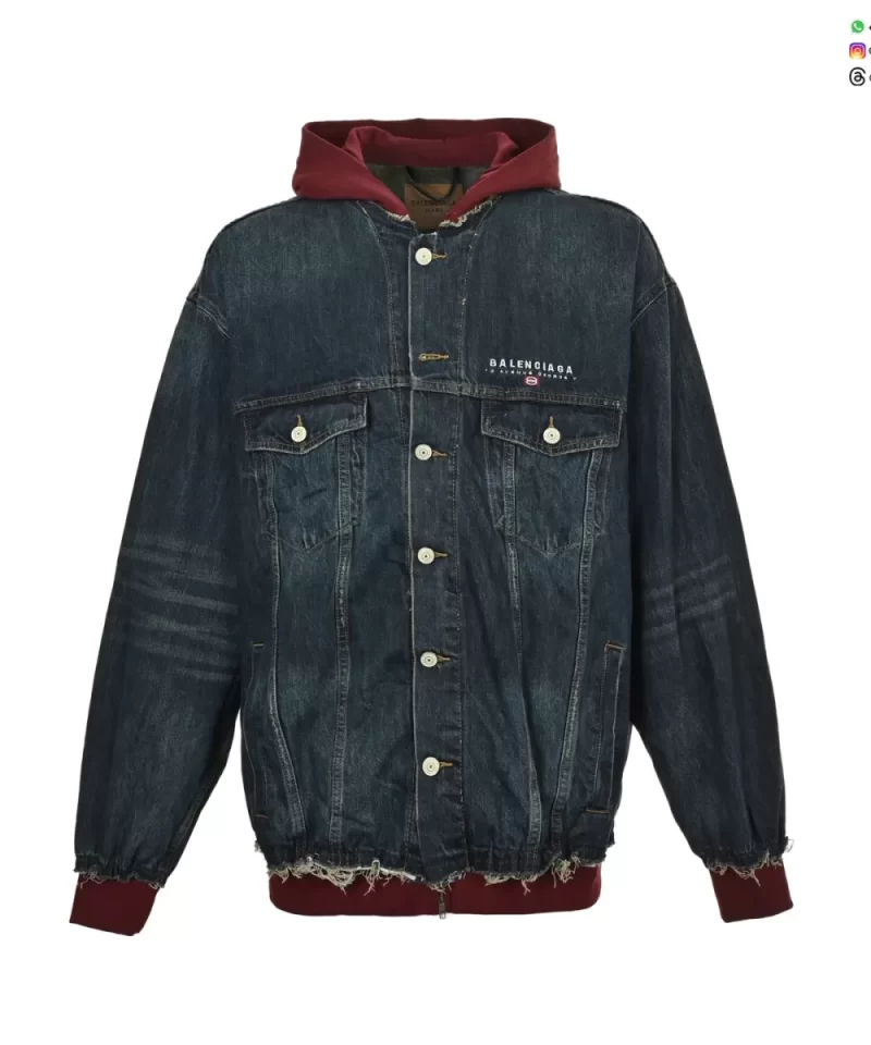 Balenciaga 25FW Embroidered Logo Layered Denim Jacket with Hood | Luxury Streetwear