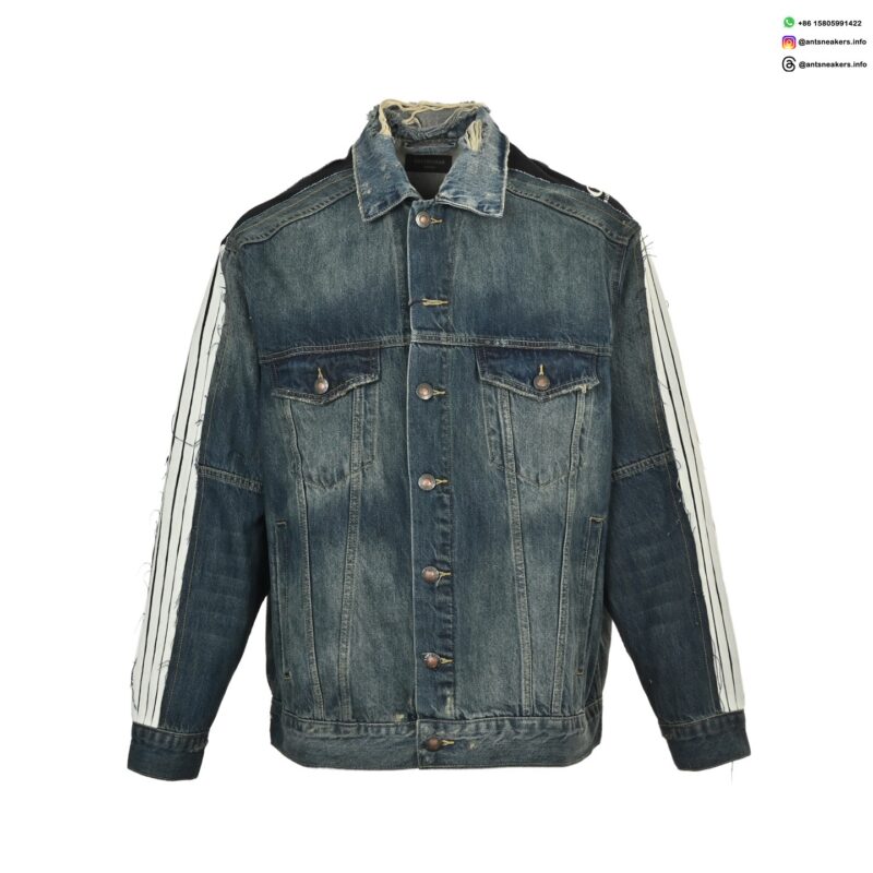 Balenciaga 25FW Embroidered Stripe Distressed Denim Jacket – Oversized Streetwear Jean Outerwear