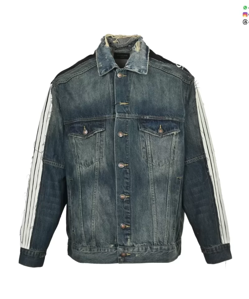 Balenciaga 25FW Embroidered Stripe Distressed Denim Jacket - Oversized Streetwear Jean Outerwear