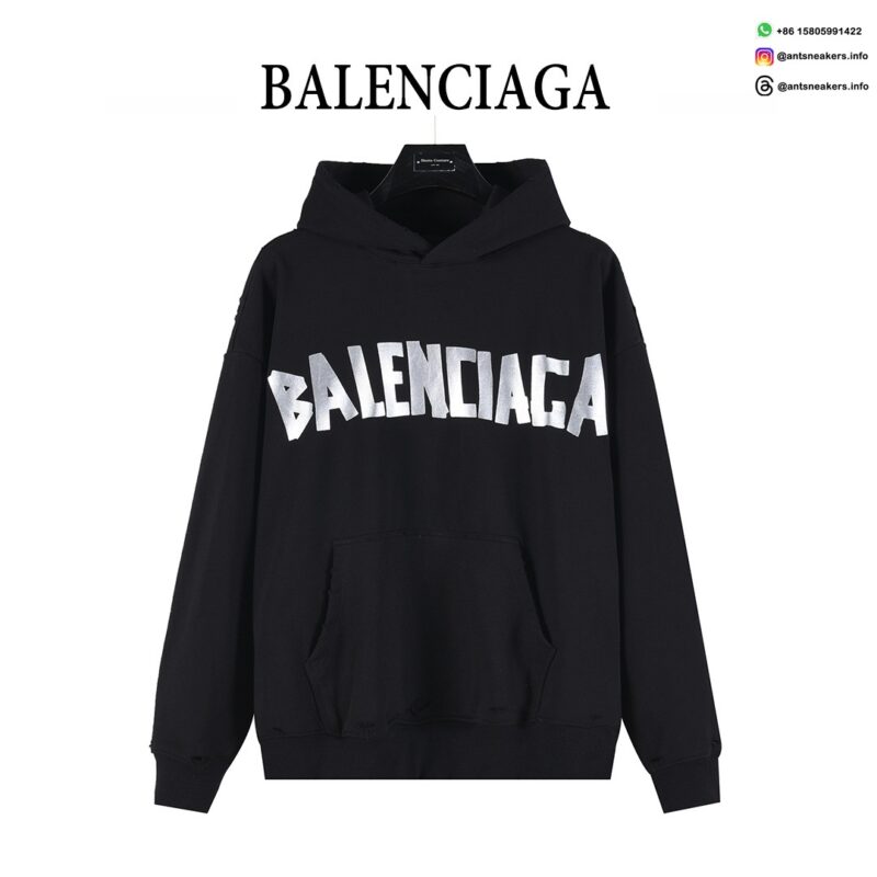 Balenciaga Classic Cracked Logo Hoodie | Black & Silver Distressed Streetwear Pullover