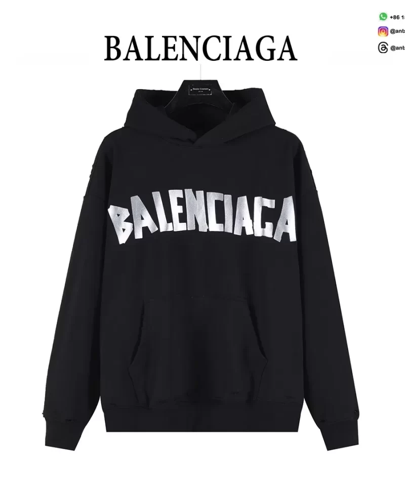 Balenciaga Classic Cracked Logo Hoodie | Black & Silver Distressed Streetwear Pullover