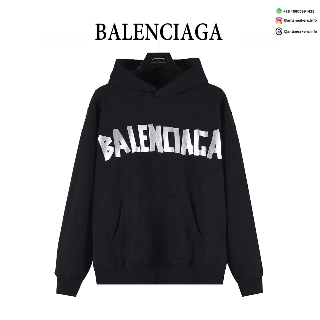 Balenciaga Classic Cracked Logo Hoodie | Black & Silver Distressed Streetwear Pullover