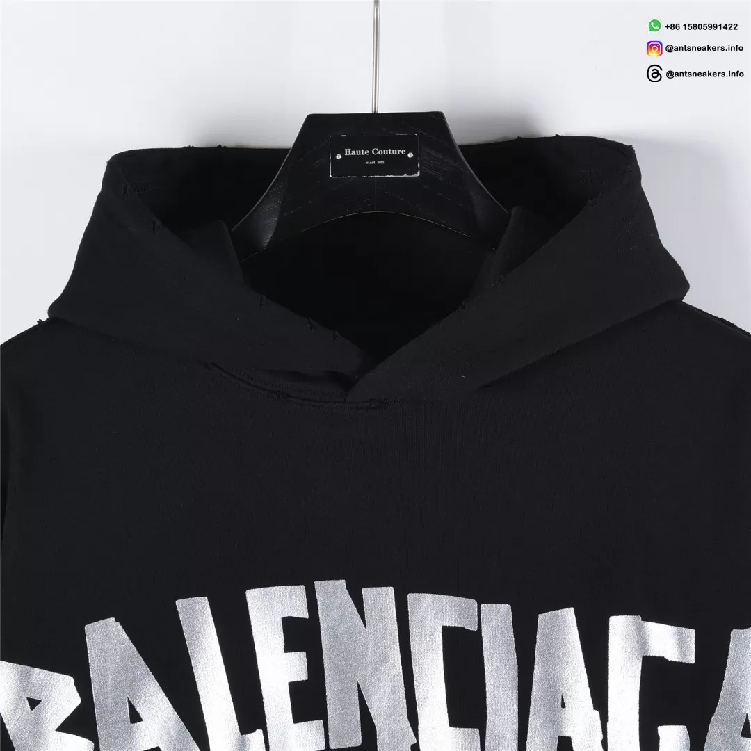 Balenciaga Classic Cracked Logo Hoodie | Black & Silver Distressed Streetwear Pullover