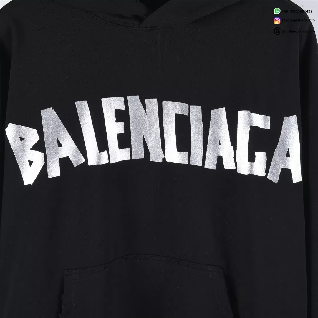 Balenciaga Classic Cracked Logo Hoodie | Black & Silver Distressed Streetwear Pullover