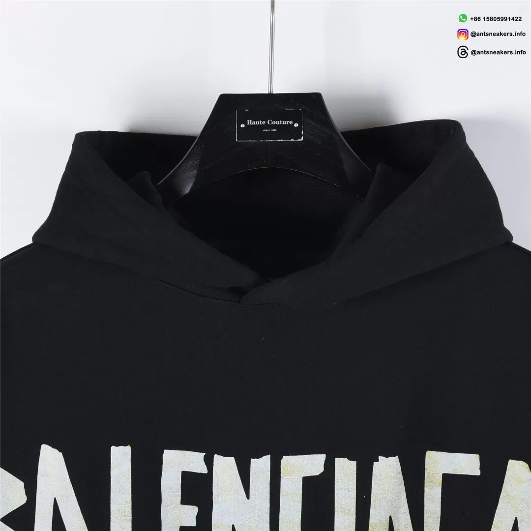Balenciaga Classic Cracked Logo Hoodie | Black & Yellow Distressed Streetwear Pullover
