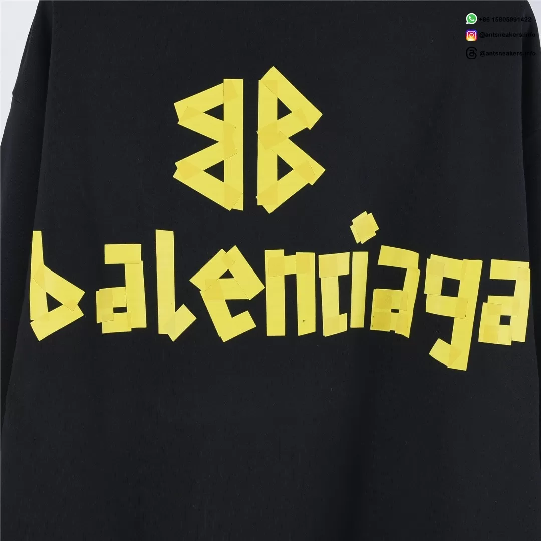 Balenciaga Classic Cracked Logo Hoodie | Black & Yellow Distressed Streetwear Pullover
