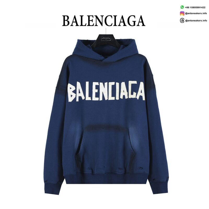 Balenciaga Classic Cracked Print Hoodie | Blue & Yellow Distressed Logo Pullover