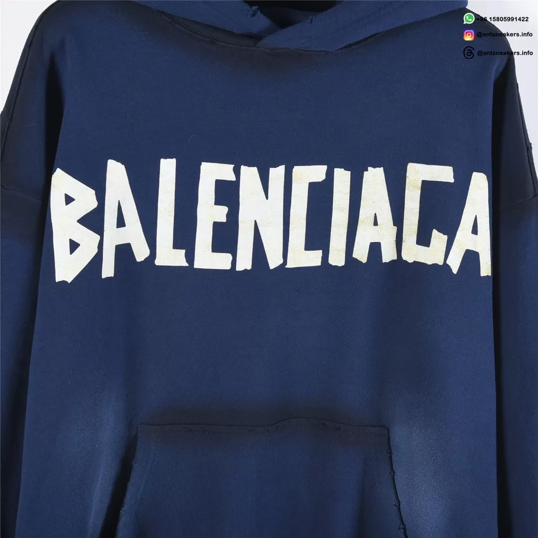Balenciaga Classic Cracked Print Hoodie | Blue & Yellow Distressed Logo Pullover