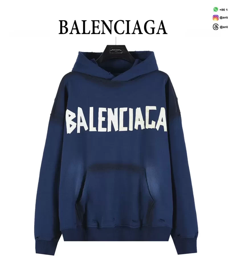 Balenciaga Classic Cracked Print Hoodie | Blue & Yellow Distressed Logo Pullover