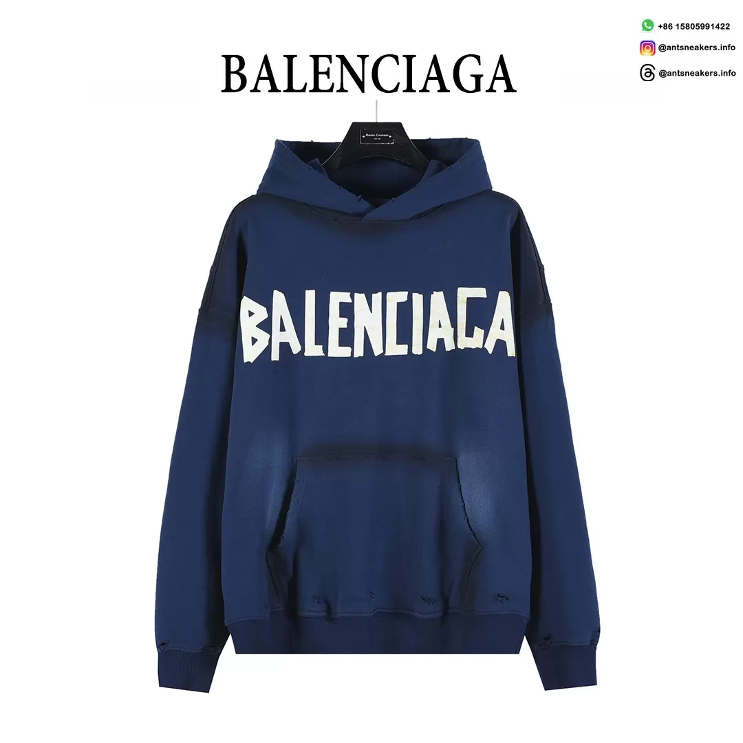Balenciaga Classic Cracked Print Hoodie | Blue & Yellow Distressed Logo Pullover