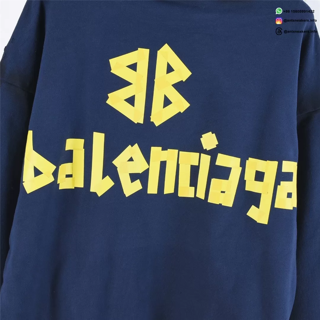 Balenciaga Classic Cracked Print Hoodie | Blue & Yellow Distressed Logo Pullover