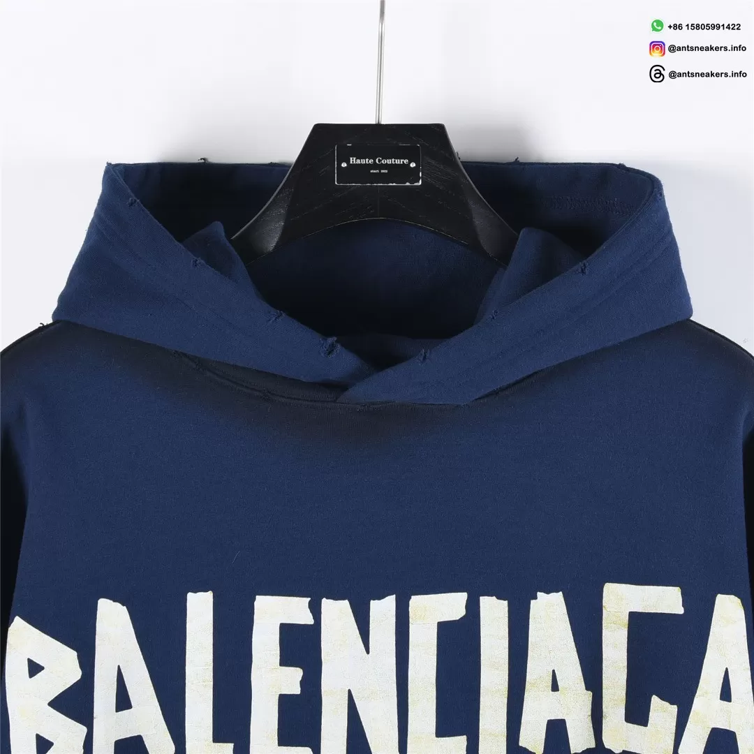 Balenciaga Classic Cracked Print Hoodie | Blue & Yellow Distressed Logo Pullover