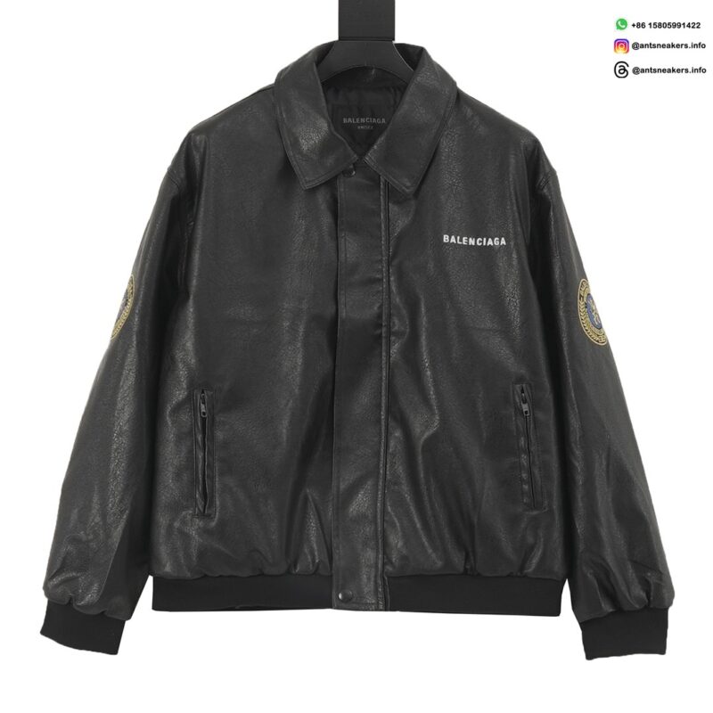 Balenciaga Embroidered Patch Faux Leather Bomber Jacket | Designer Streetwear Outerwear