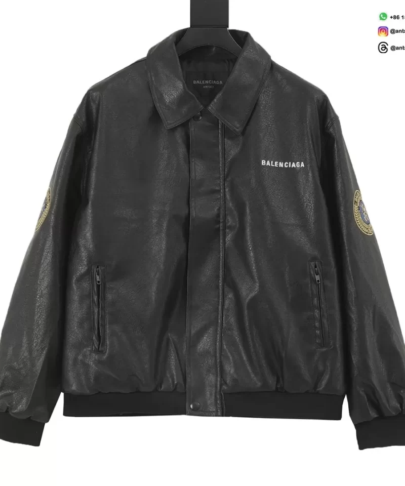 Balenciaga Embroidered Patch Faux Leather Bomber Jacket | Designer Streetwear Outerwear