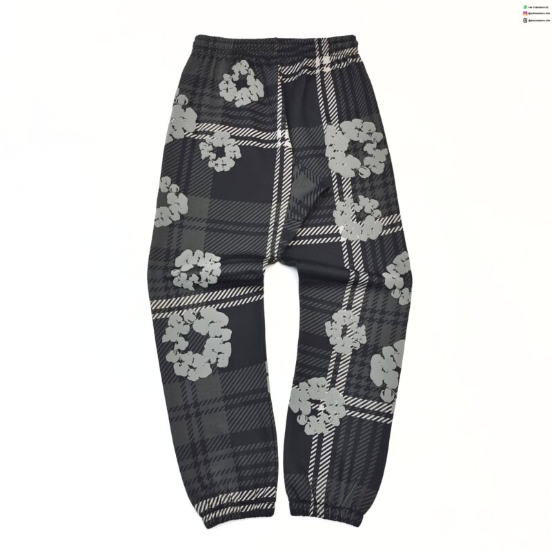 Denim Tears Gray Plaid Floral Sweatpants | 400g Cotton Fleece Joggers | Premium Streetwear Collection