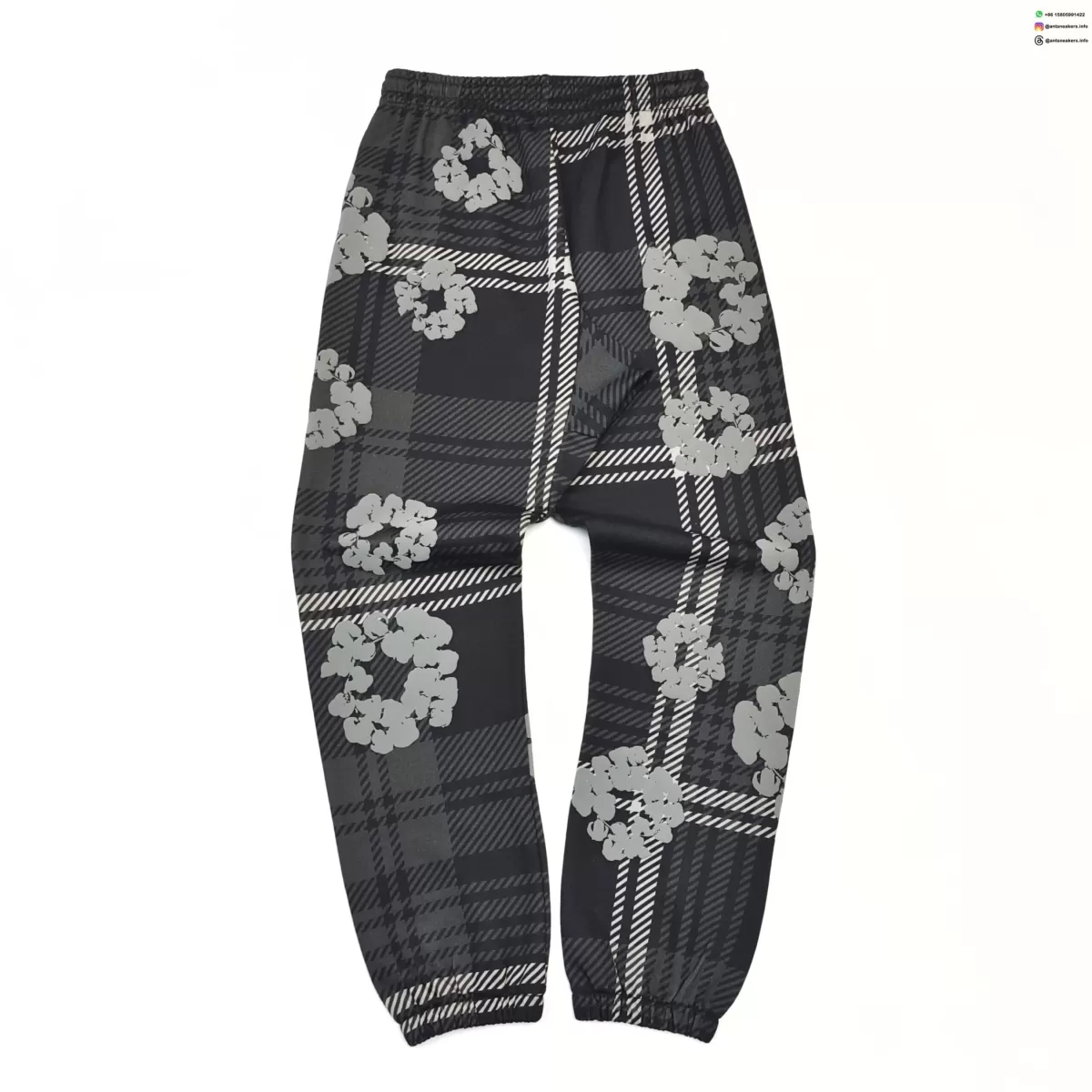Denim Tears Gray Plaid Floral Sweatpants | 400g Cotton Fleece Joggers | Premium Streetwear Collection