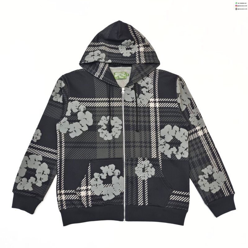Denim Tears Gray Plaid Floral Zip Hoodie | 400g Heavy Cotton Sweatshirt | Streetwear 2025 Collection