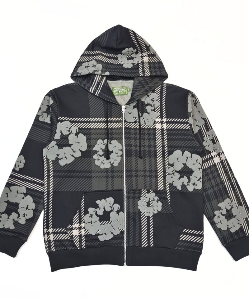 Denim Tears Gray Plaid Floral Zip Hoodie | 400g Heavy Cotton Sweatshirt | Streetwear 2025 Collection