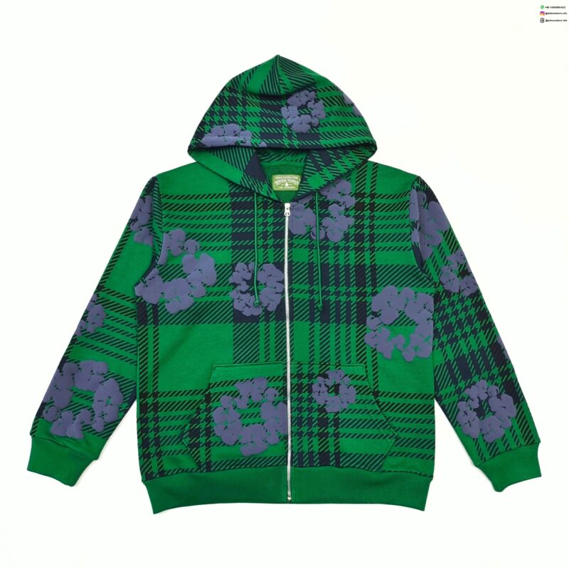 Denim Tears Green Plaid Floral Hoodie | 400g Cotton Zip-Up Sweatshirt | Streetwear 2025 Collection