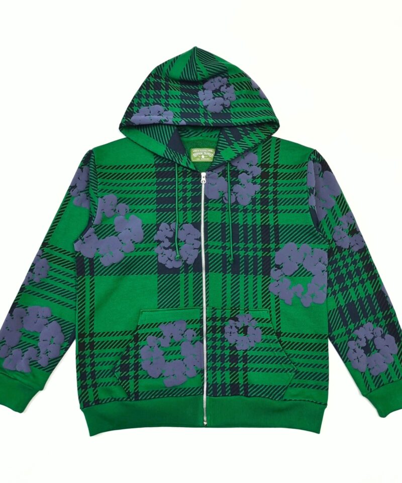 Denim Tears Green Plaid Floral Hoodie | 400g Cotton Zip-Up Sweatshirt | Streetwear 2025 Collection