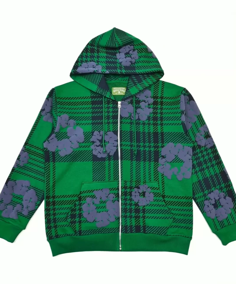 Denim Tears Green Plaid Floral Hoodie | 400g Cotton Zip-Up Sweatshirt | Streetwear 2025 Collection
