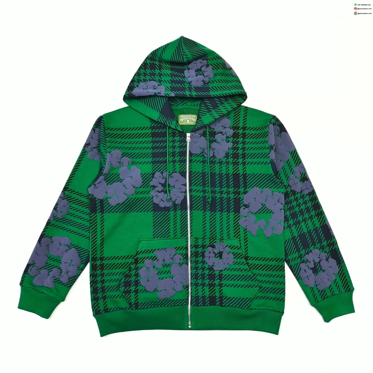 Denim Tears Green Plaid Floral Hoodie | 400g Cotton Zip-Up Sweatshirt | Streetwear 2025 Collection