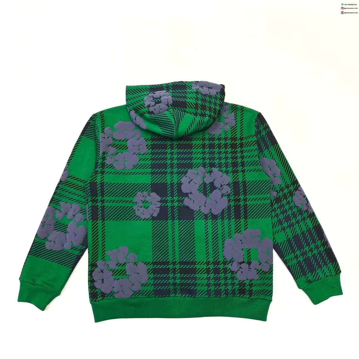Denim Tears Green Plaid Floral Hoodie | 400g Cotton Zip-Up Sweatshirt | Streetwear 2025 Collection