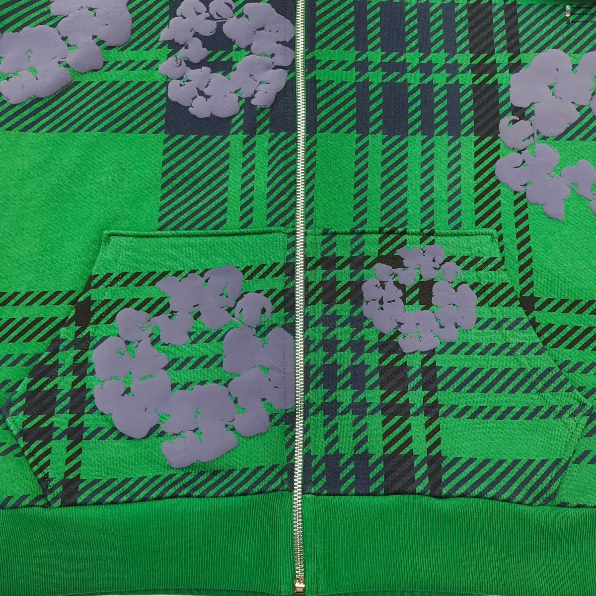 Denim Tears Green Plaid Floral Hoodie | 400g Cotton Zip-Up Sweatshirt | Streetwear 2025 Collection