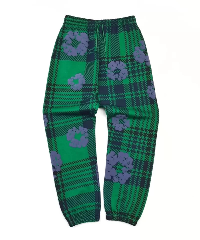 Denim Tears Green Plaid Floral Sweatpants | 400g Cotton Fleece Joggers | Streetwear Luxury Collection