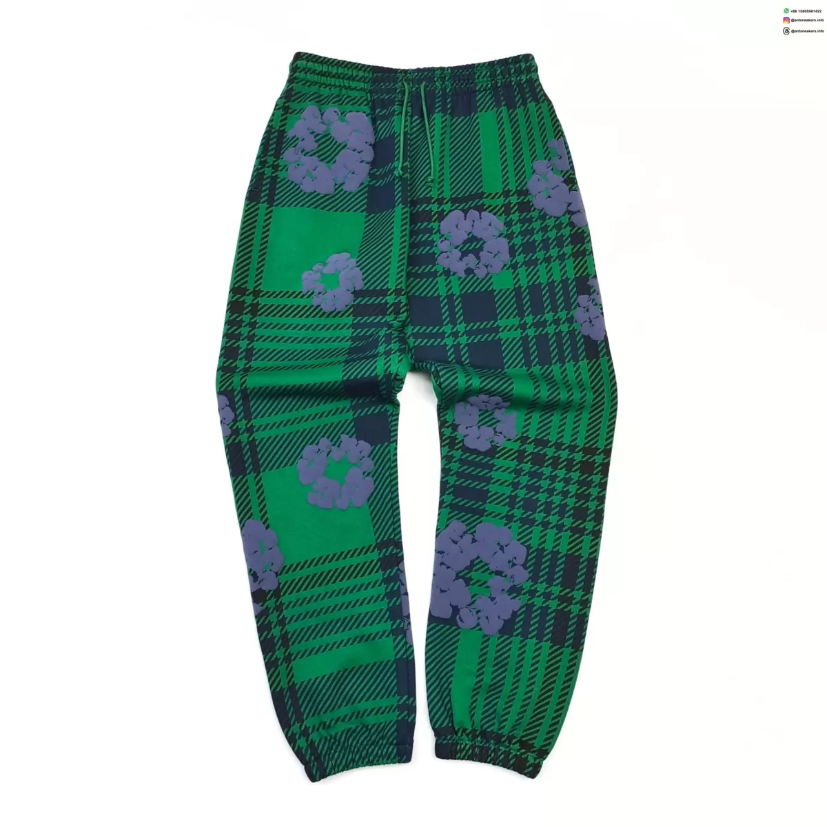 Denim Tears Green Plaid Floral Sweatpants | 400g Cotton Fleece Joggers | Streetwear Luxury Collection