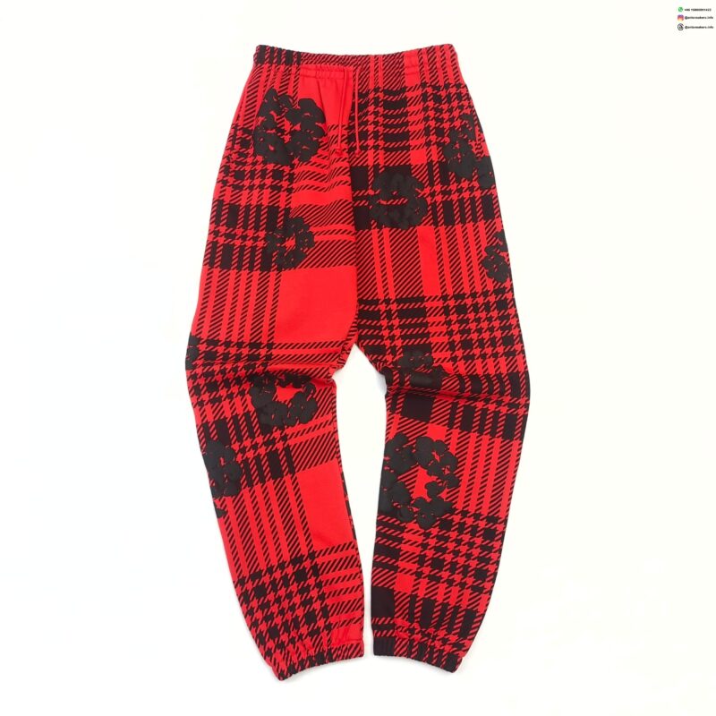 Denim Tears Red Plaid Floral Sweatpants | 400g Cotton Fleece Joggers | Streetwear 2025 Collection